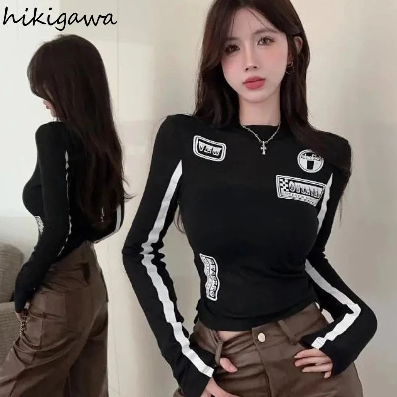 Mode Frau T Shirts Y2k Tops 2025, Ropa Mujer Oansatz Langarm Tunika Tees Casual Koreanische Camisetas Brief Schwarz Crop T-shirts