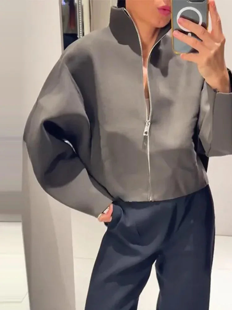 Frauen Casual Solide Strick Kurze Strickjacke Revers Volle Hülse Zipper Lose Abgeschnitten Mäntel 2025, Dame Täglichen Pendeln Mode Oberbekleidung