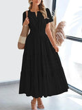 2025, Frühling und Sommer, grenzüberschreitende europäische und amerikanische Mode, Damen-Kleid mit V-Ausschnitt, gefalteten Blasenärmeln, mehrlagig, großes Swing-Kleid
