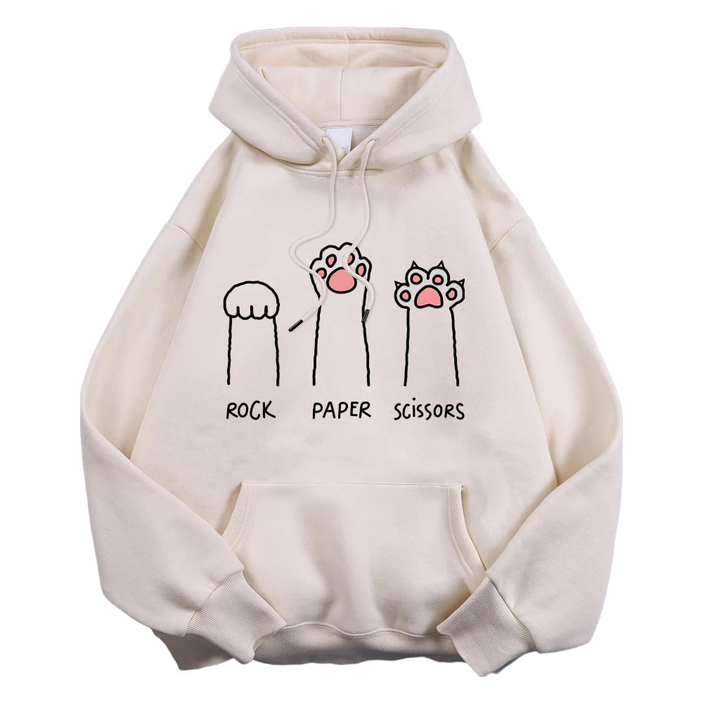 Kawaii Damen Hoodies Rock Paper Schere Lustige Katze Druck Pullover Weiche Atmungsaktive Lose Sweatshirt Herbst Winter Sportswear