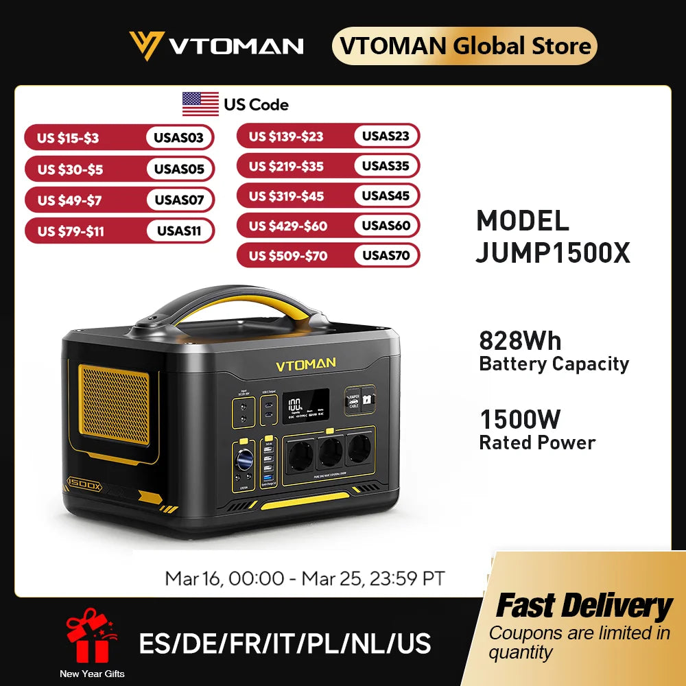 VTOMAN JUMP 1500X Tragbares Kraftwerk Camping LiFePO4-Batterie 828 Wh 1500 W AC-Steckdosen Solargenerator für Zuhause, Wohnmobil, Outdoor