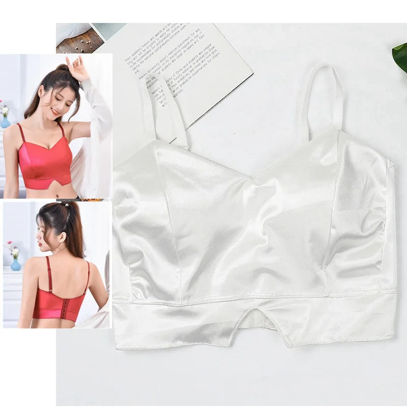 Sexy Satin Crop Tops Frauen drahtlose Bra lette Häkeln Top weibliche Spaghetti träger T-Shirt mit Brust gepolstert Leibchen Camis abgeschnitten