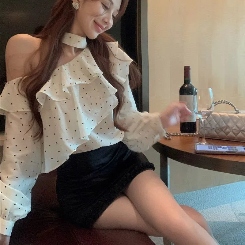 Französisch Stil Neckholder Polka Dot Chiffon Shirts Frau Elegante Off Schulter Rüschen Blusen Damen Koreanische All-Match Trend Blusas