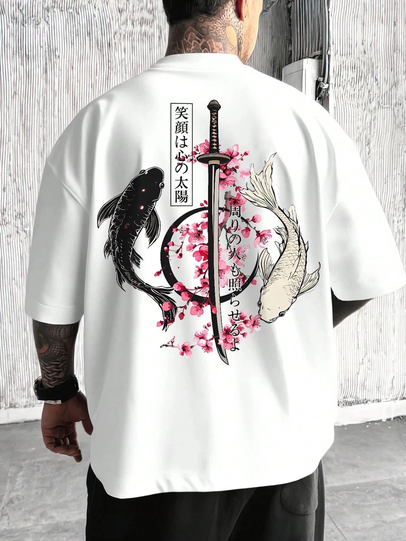 Sommer Japan Koi Sakura Katana Prints Baumwoll-T-Shirts für Herren, kurzärmelige T-Shirts, übergroße O-Ausschnitt-Soft-Tops, lässige Herrenkleidung