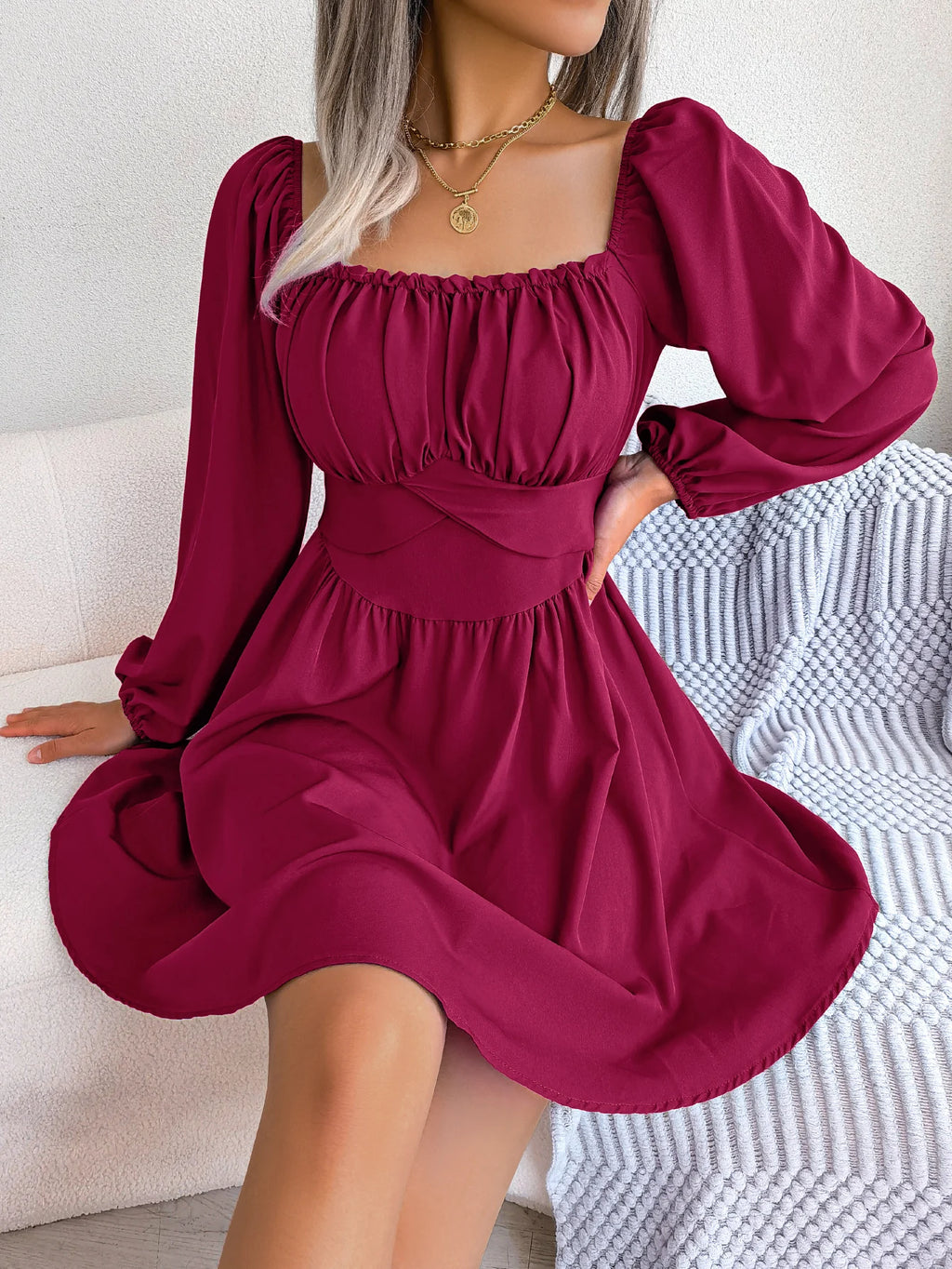 Lässiges, gerüschtes, langärmliges Kleid mit quadratischem Ausschnitt und Rüschenbesatz für Frühling und Herbst, Damenbekleidung