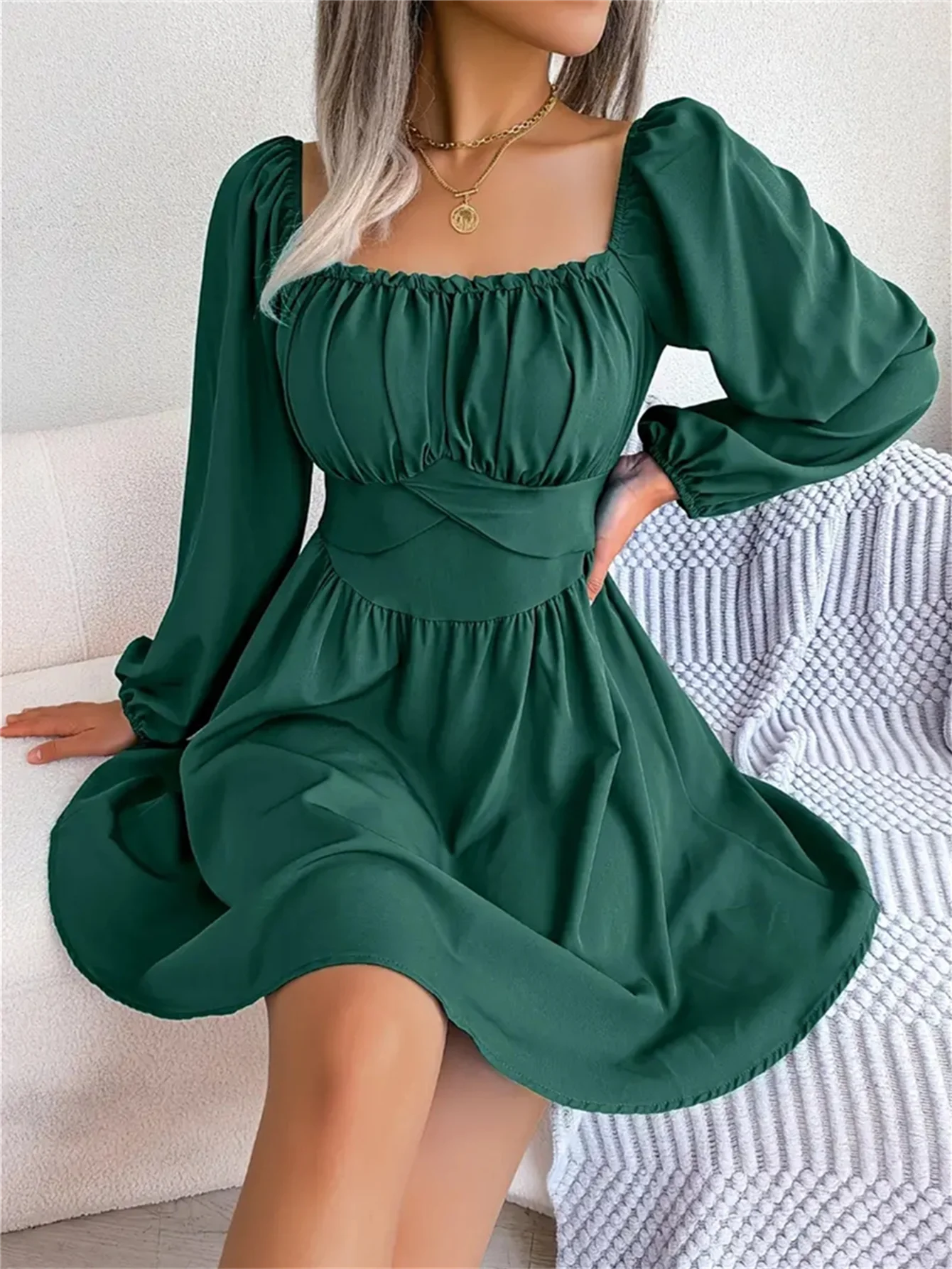 Lässiges, gerüschtes, langärmliges Kleid mit quadratischem Ausschnitt und Rüschenbesatz für Frühling und Herbst, Damenbekleidung