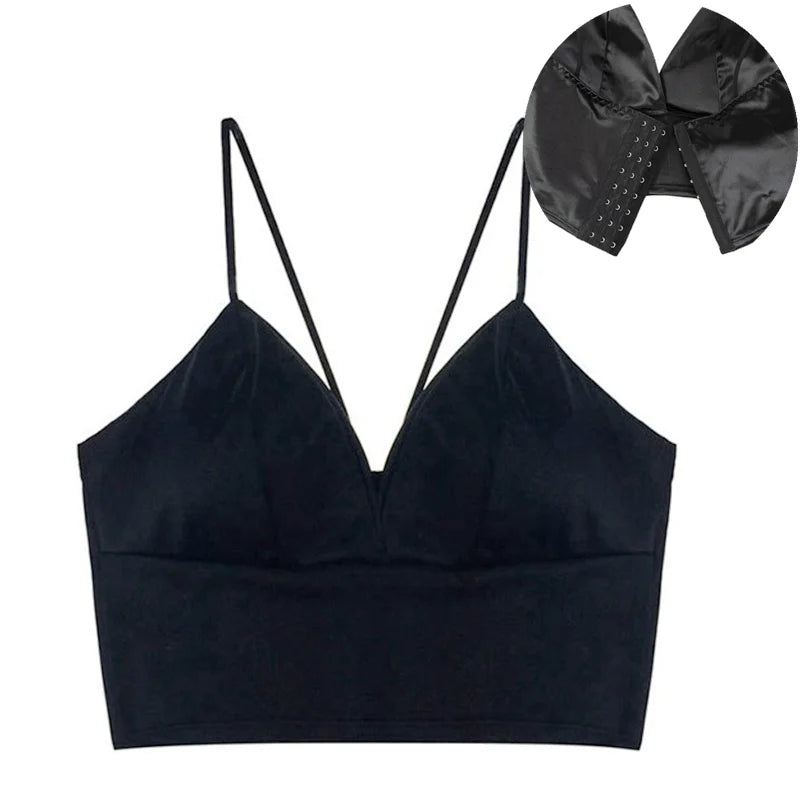 Sexy Satin Crop Tops Frauen drahtlose Bra lette Häkeln Top weibliche Spaghetti träger T-Shirt mit Brust gepolstert Leibchen Camis abgeschnitten