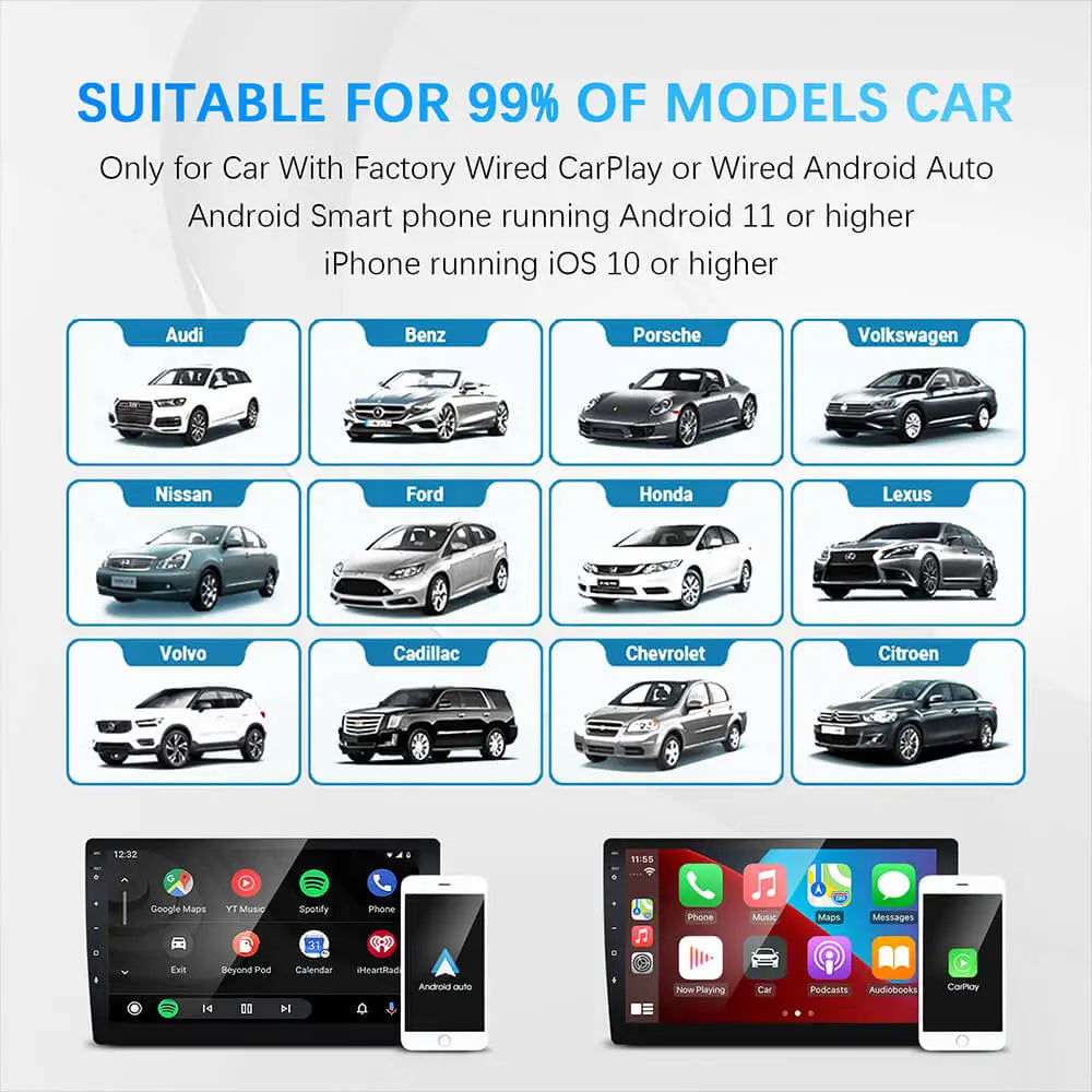 2in1 verkabelt mit kabellosem CarPlay-Android-Auto-Adapter für OEM-Autoradio mit USB-Stecker und Wiedergabe