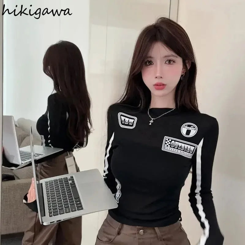 Mode Frau T Shirts Y2k Tops 2025, Ropa Mujer Oansatz Langarm Tunika Tees Casual Koreanische Camisetas Brief Schwarz Crop T-shirts
