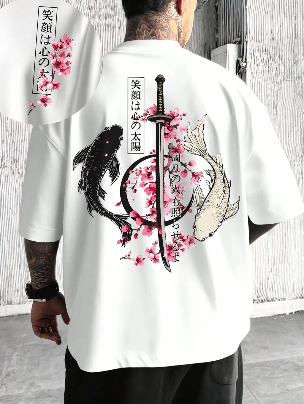 Sommer Japan Koi Sakura Katana Prints Baumwoll-T-Shirts für Herren, kurzärmelige T-Shirts, übergroße O-Ausschnitt-Soft-Tops, lässige Herrenkleidung