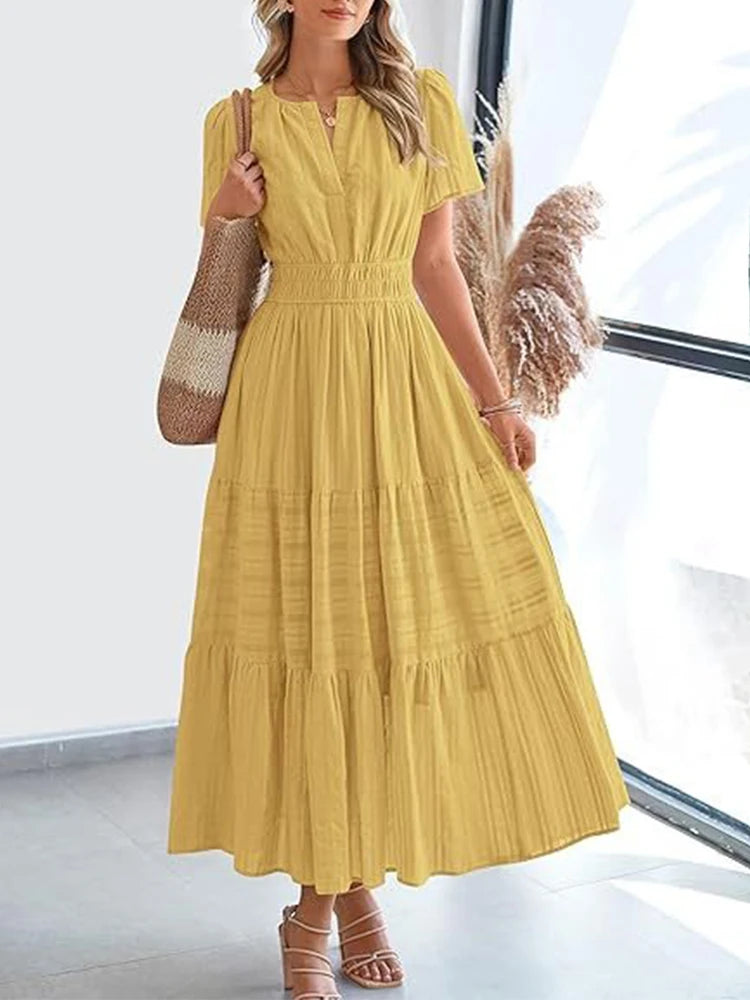 2025, Frühling und Sommer, grenzüberschreitende europäische und amerikanische Mode, Damen-Kleid mit V-Ausschnitt, gefalteten Blasenärmeln, mehrlagig, großes Swing-Kleid
