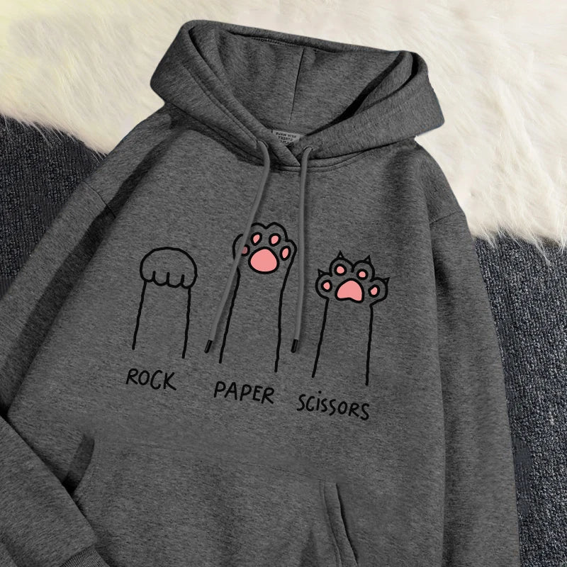 Kawaii Damen Hoodies Rock Paper Schere Lustige Katze Druck Pullover Weiche Atmungsaktive Lose Sweatshirt Herbst Winter Sportswear