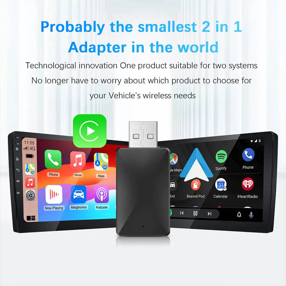 2in1 verkabelt mit kabellosem CarPlay-Android-Auto-Adapter für OEM-Autoradio mit USB-Stecker und Wiedergabe