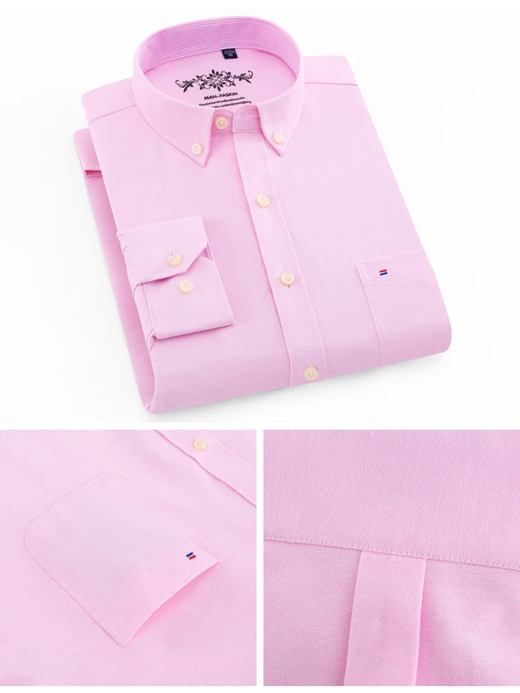 Langärmliges Oxford-Karo-gestreiftes Arbeits-Freizeithemd für Herren mit Tasche, Frühlings-Herbst-Baumwollmischung, reguläre Passform, Button-Down-Hemden
