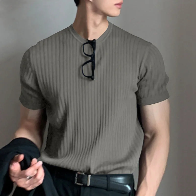Sommer Herrenbekleidung Leichtes Luxus-T-Shirt Freizeit Langarm O-Ausschnitt Drapiert Einfarbig Lose Basic-Shirt Beliebte Strickwaren