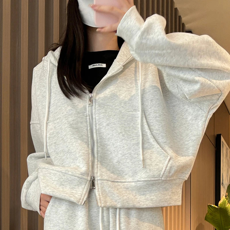 2025 Chic Doppel Reißverschlüsse Gestellte Hoodie Frauen Koreanische Langarm Mit Kapuze Sweatshirt Frau Einfarbig Lose Sport Jacke Weibliche