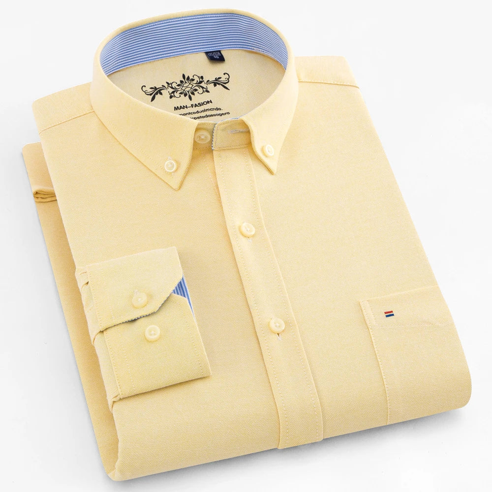 Langärmliges Oxford-Karo-gestreiftes Arbeits-Freizeithemd für Herren mit Tasche, Frühlings-Herbst-Baumwollmischung, reguläre Passform, Button-Down-Hemden