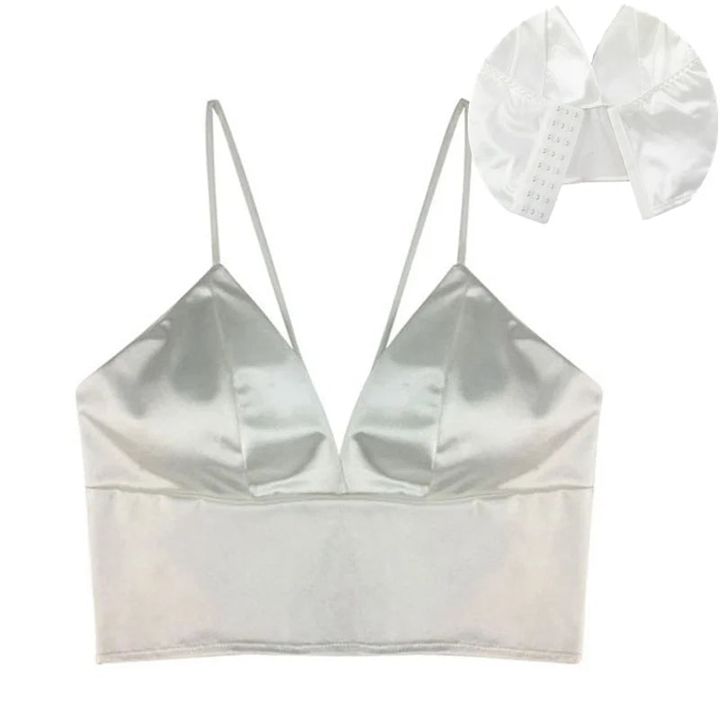 Sexy Satin Crop Tops Frauen drahtlose Bra lette Häkeln Top weibliche Spaghetti träger T-Shirt mit Brust gepolstert Leibchen Camis abgeschnitten