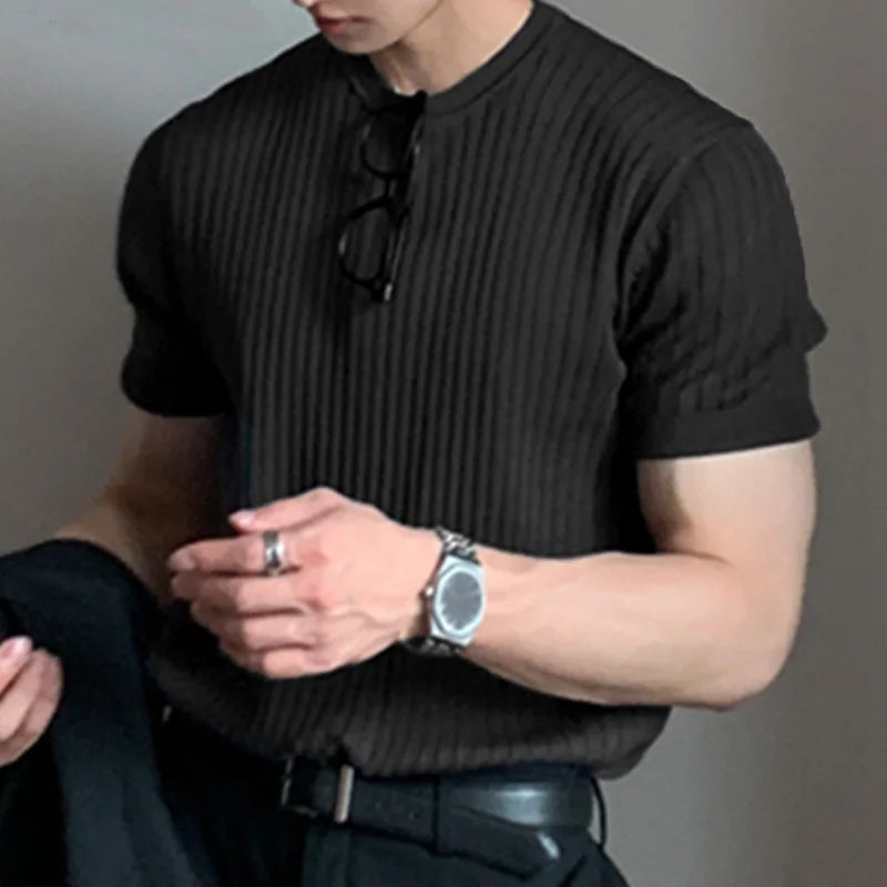 Sommer Herrenbekleidung Leichtes Luxus-T-Shirt Freizeit Langarm O-Ausschnitt Drapiert Einfarbig Lose Basic-Shirt Beliebte Strickwaren