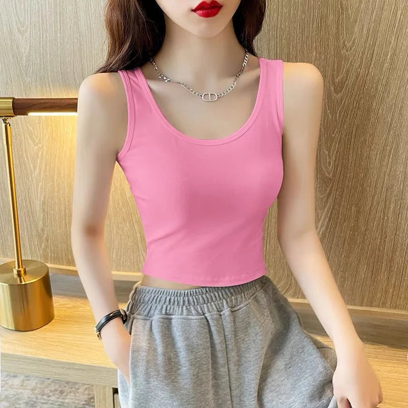 2024 mode Sexy Frauen Candy Farbe Tanks Tops Kurze 100% Baumwolle Casual Leibchen Rohr Top Weibliche Ärmellose Abgeschnitten Weste 2XL