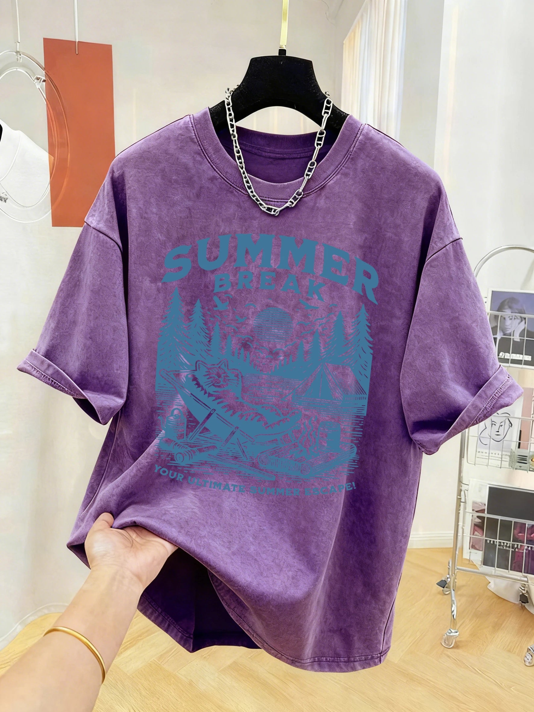 Summer Break Camping Cats Print Herren-T-Shirt mit gewaschenem Effekt, Sport-T-Shirt, weiches T-Shirt aus Baumwolle, lockere Kleidung, Basic-All-Match-Kurzarmshirt