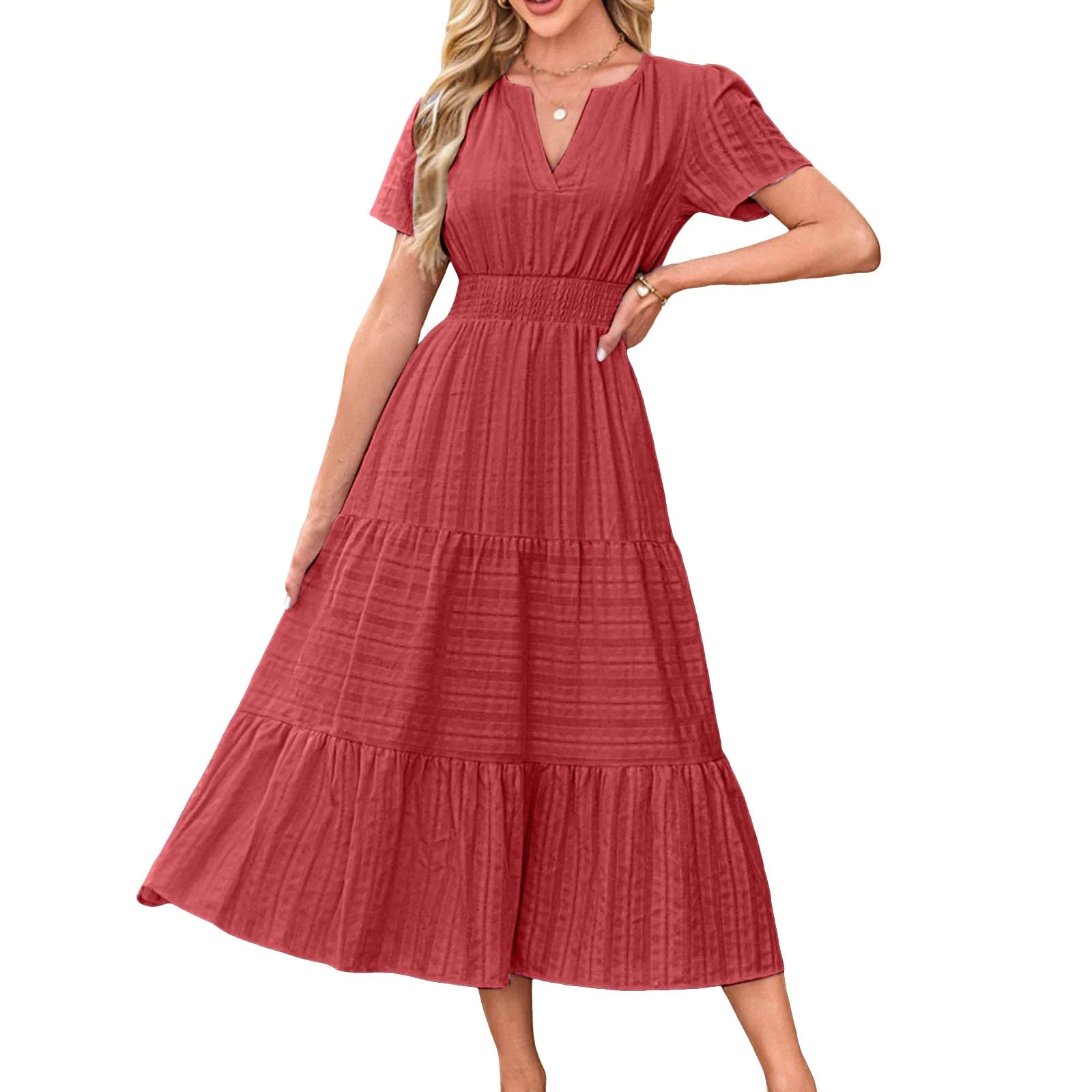 Frauen Swing Kleid Frühling Sommer Casual Einfarbig V-ausschnitt Kurzarm Kleider Elastische Bund Gefüttert Vestidos Für Streetwear