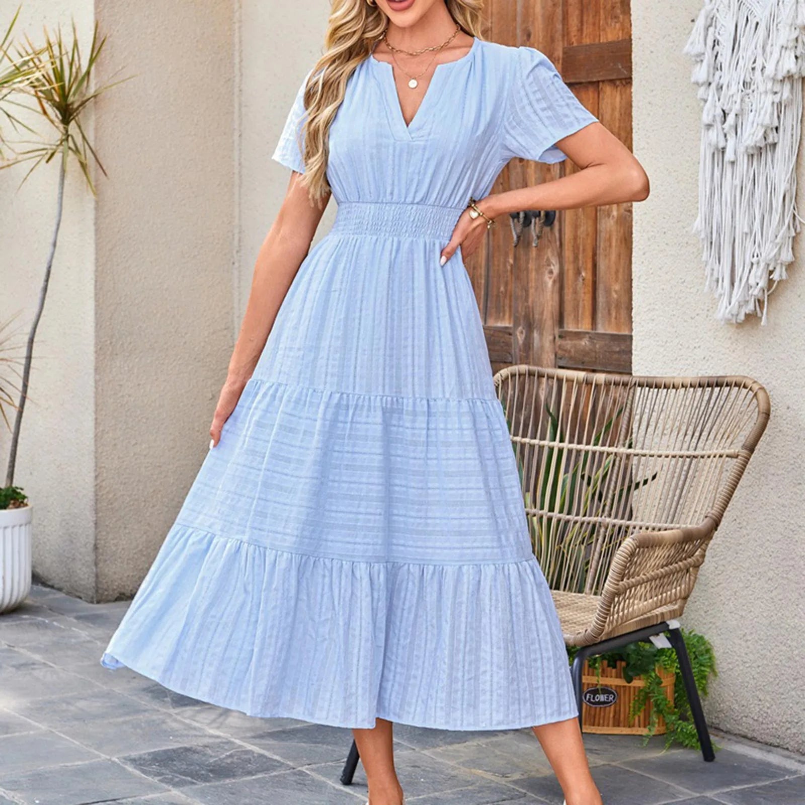 Frauen Swing Kleid Frühling Sommer Casual Einfarbig V-ausschnitt Kurzarm Kleider Elastische Bund Gefüttert Vestidos Für Streetwear