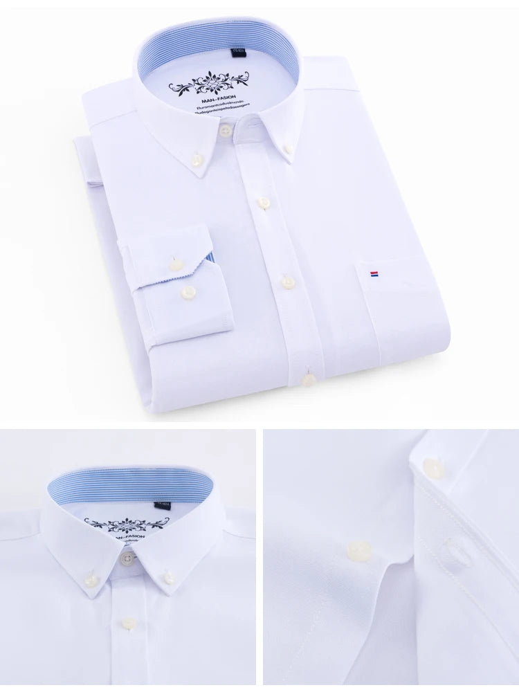 Langärmliges Oxford-Karo-gestreiftes Arbeits-Freizeithemd für Herren mit Tasche, Frühlings-Herbst-Baumwollmischung, reguläre Passform, Button-Down-Hemden