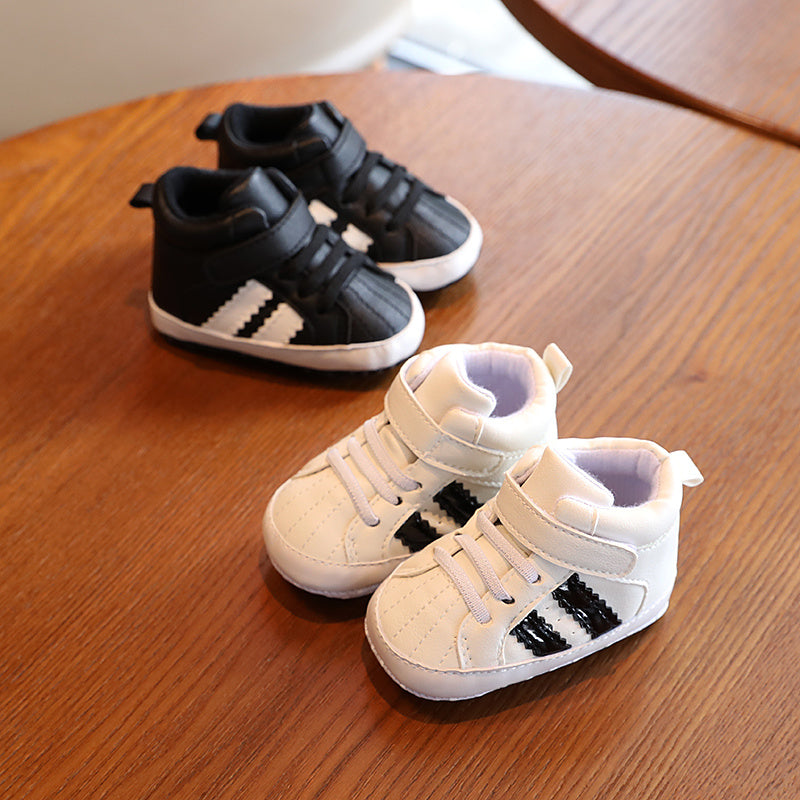 Infant & Newborn Boys' & Girls' Soft Sole Anti-Slip Sneakers - Breathable with Black Striped Design, Adjustable Buckle Closure, All-Season Casual Shoes for Toddlers, Baby Shoes, Toddler Footwear, Stylish Toddler Footwear, Com