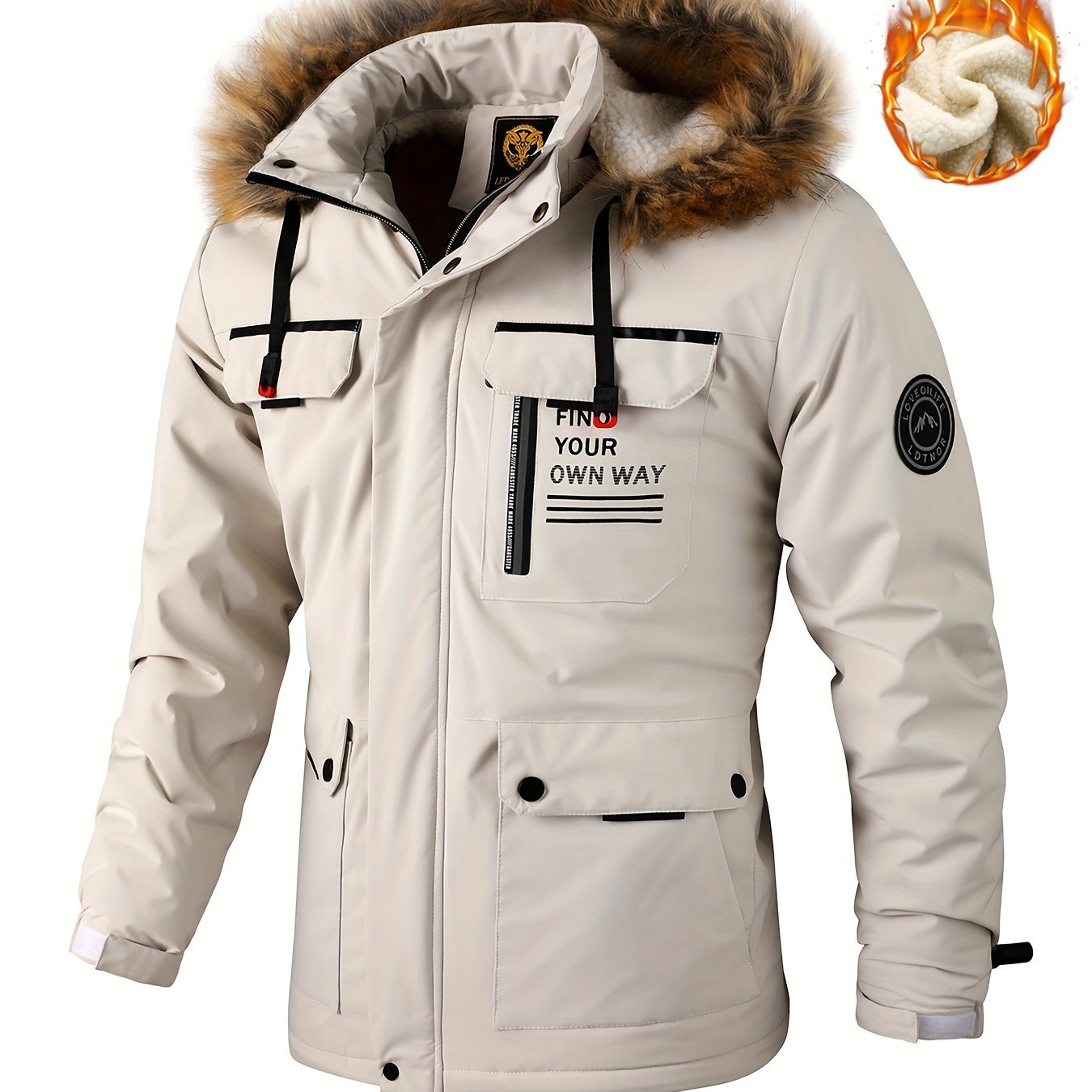 Men'S Winter Windbreaker Jacket with Lamb Fur Collar, Polyester 100% Windproof Zippered Sports Jacket, Alphabet Pattern, Regular Sleeve, Casual Outdoor Wear, H Fit, 150g/m² Fabric Weight