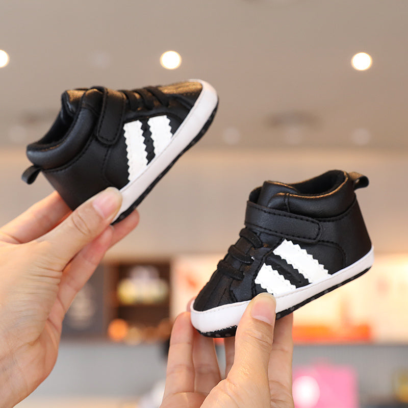 Infant & Newborn Boys' & Girls' Soft Sole Anti-Slip Sneakers - Breathable with Black Striped Design, Adjustable Buckle Closure, All-Season Casual Shoes for Toddlers, Baby Shoes, Toddler Footwear, Stylish Toddler Footwear, Com